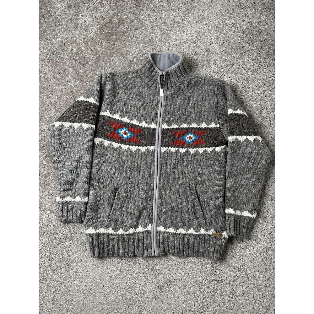 Mens Full Zip Up Wool Sweater Laundromat Navajo, Made In Nepal, Size L